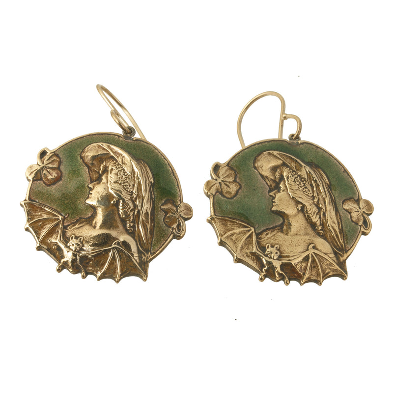 Rare Art Noveau Woman and Bat, bronze and green enamel earrings. eran001