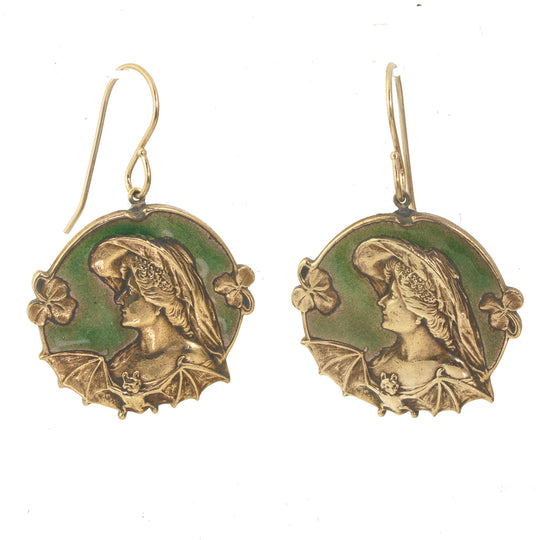 Rare Art Noveau Woman and Bat, bronze and green enamel earrings. eran001