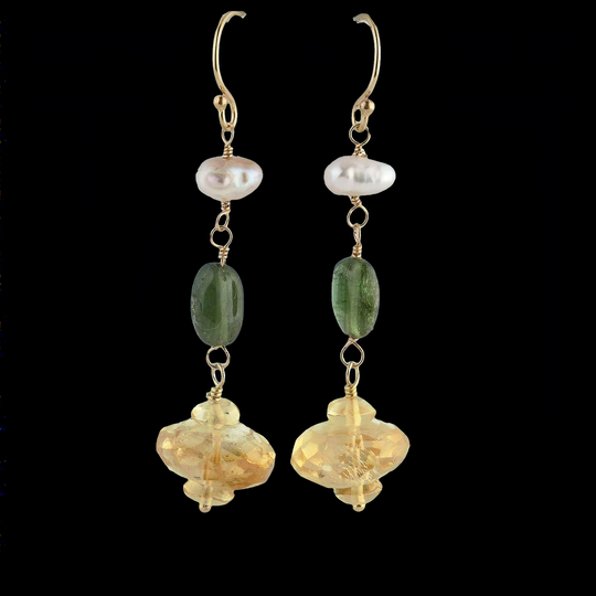 Citrine, tourmaline & Biwa pearl Earrings, 14k gold, & GF. j-erbd153