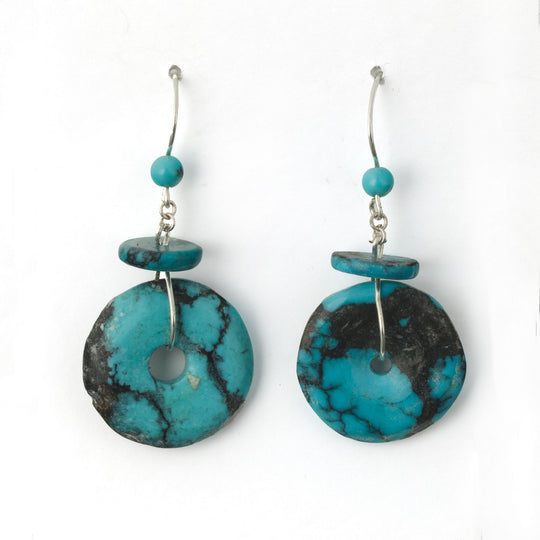 Vintage Turquoise matrix Pi bead with disk earrings with Sterling Silver. j-erbd167