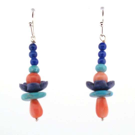 Carved Lapis Flower Pagoda Earrings with coral & turquoise. j-erbd176