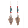 Ancient Arrowhead Earrings with natural turquoise and coral beads. j-erbd177