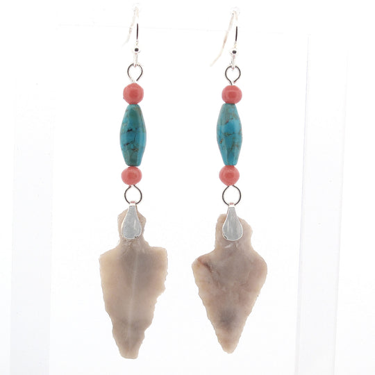 Ancient Arrowhead Earrings with natural turquoise and coral beads. j-erbd177
