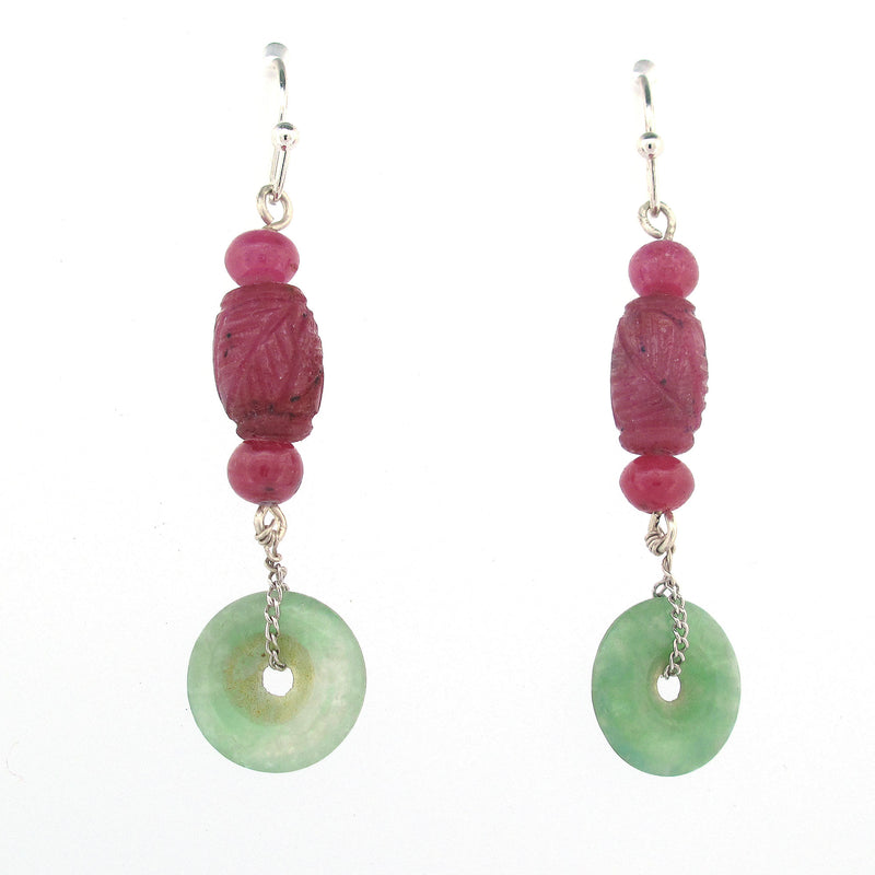 Carved Mysore Ruby and Jade Pi Dangle Earrings. j-erbd182