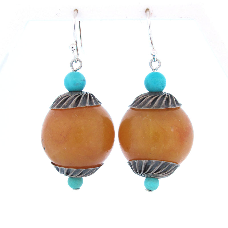 Nepali Earrings, phenolic resin trade bead, caps, Turquoise beads accents. j-erbd185