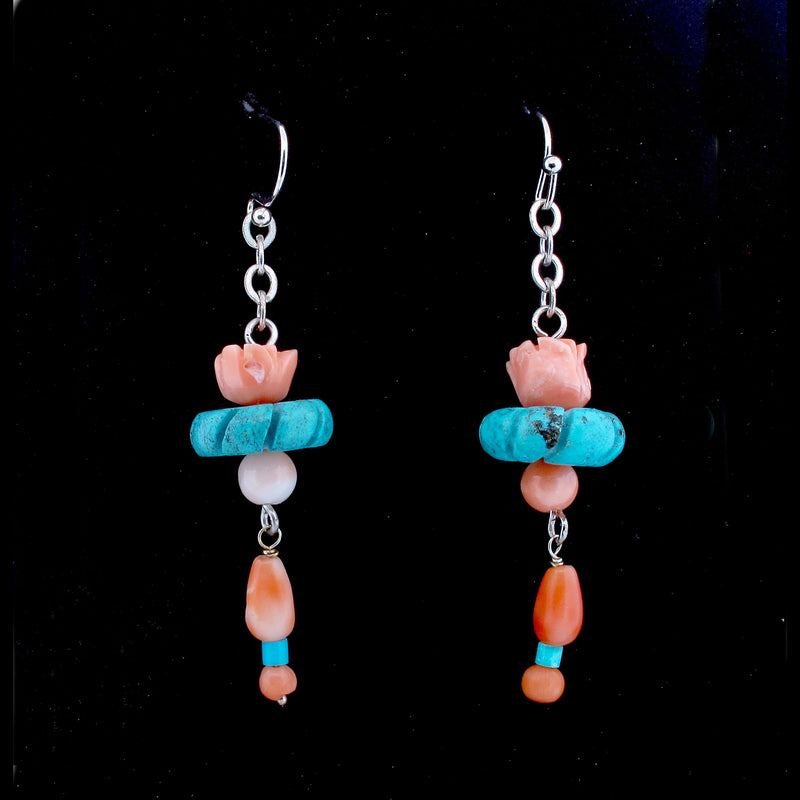 Carved Coral Flower Pagoda Earringswith coral & turquoise. j-erbd186