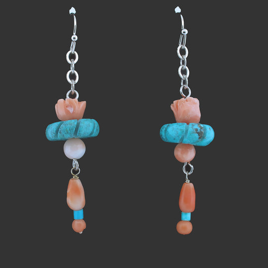 Carved Flower Pagoda Earrings with coral & turquoise. j-erbd186