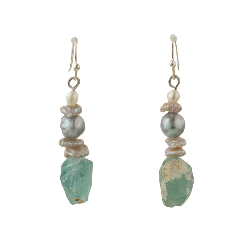 Roman glass shard beads and pearl Earrings. erbd187