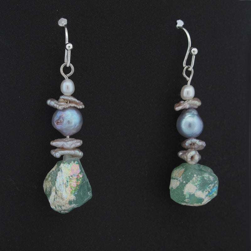 Roman glass shard beads and pearl Earrings. erbd184