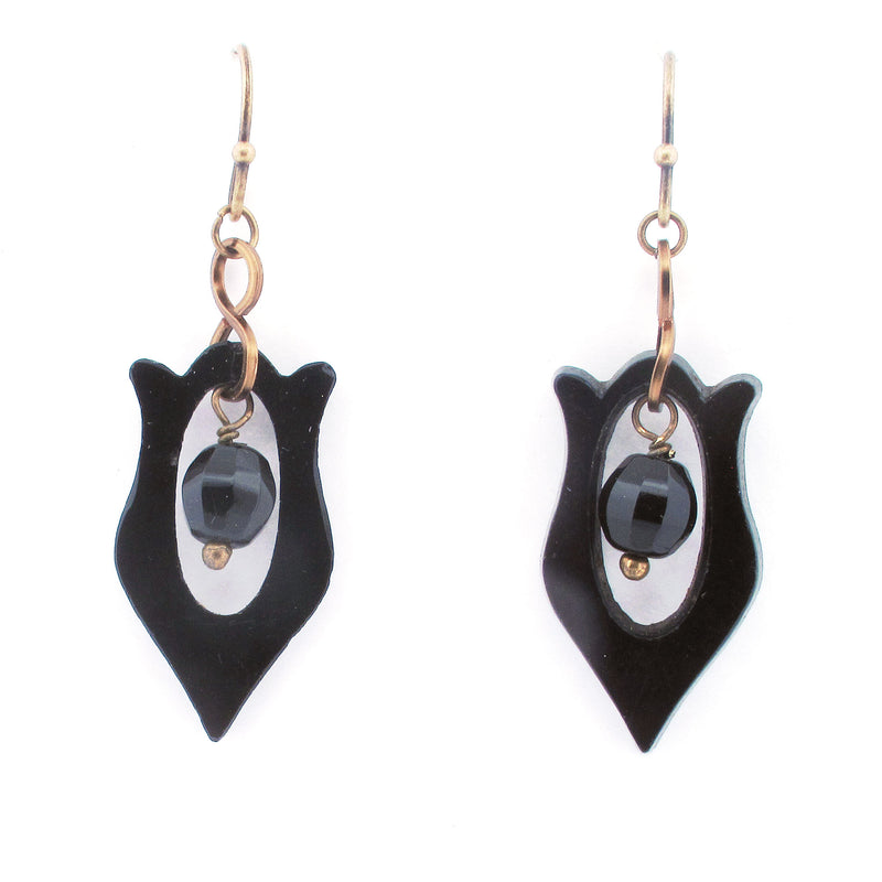 Art Deco 1920s French flat black glass ornamental ring and dangle earrings. erbg827