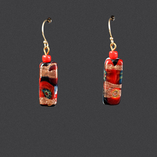 Venetian aventurine and millefiori glass bead earrings. 1950s. erbg877