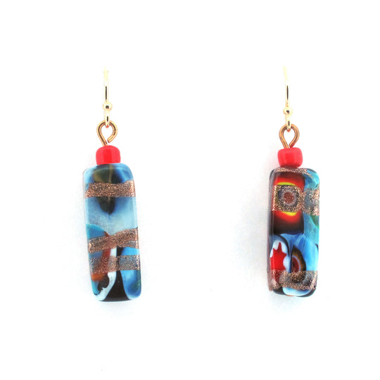 Venetian aventurine and millefiori glass bead earrings. 1950s. erbg877