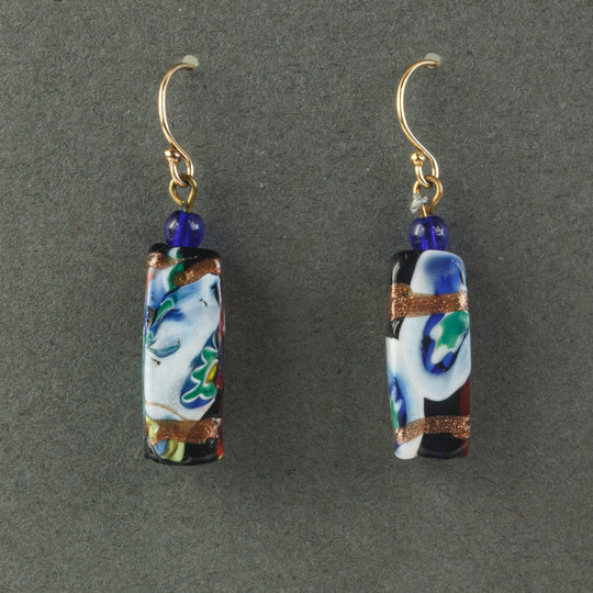 Venetian aventurine and millefiori glass bead earrings. 1950s. erbg879