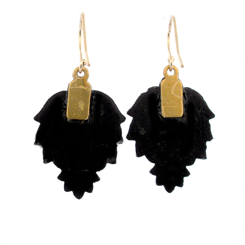 Bohemian Sculptural Black Glass Botanical Earrings, Victorian Style. j-erbg901