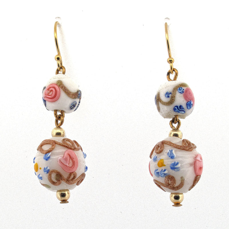 Vintage 1920s Venetian wedding cake fiorato glass drop bead earrings. erbg902