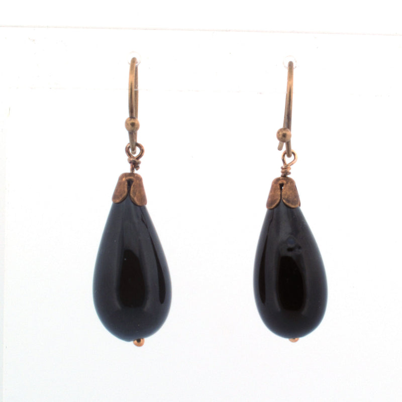 1920s French handmade hollow matte black glass teardrop bead earrings.  erbg903