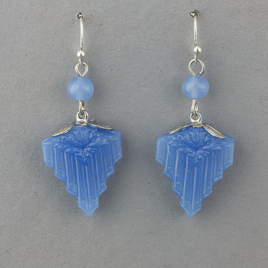 Art Deco geometric pressed blue glass earrings. 1920s Czechoslovakia.  j-erbg906