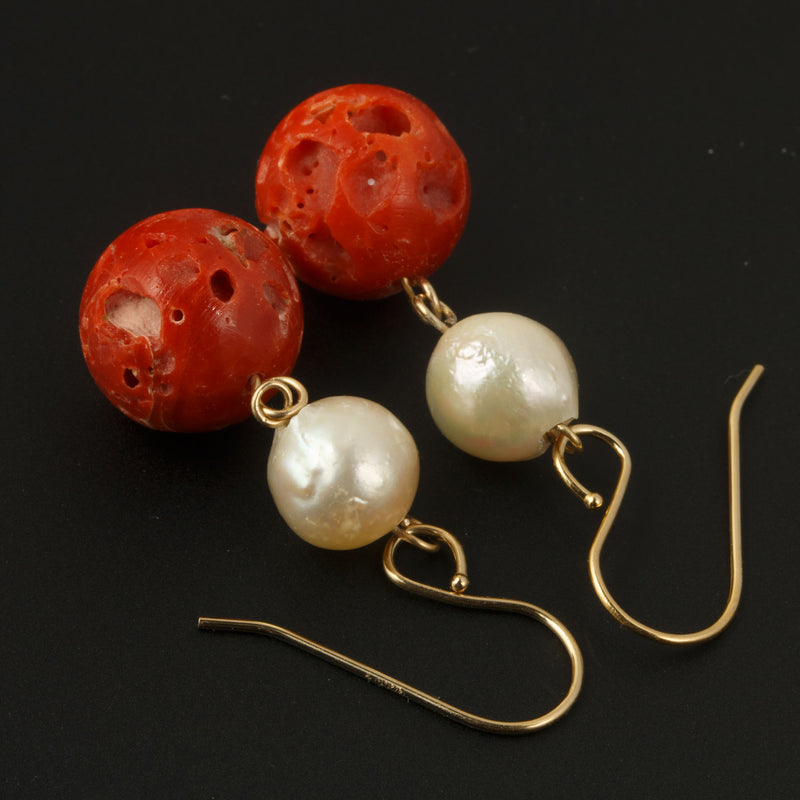 Rare Momo Coral and Akoya Pearl earrings, gold filled. erfn126