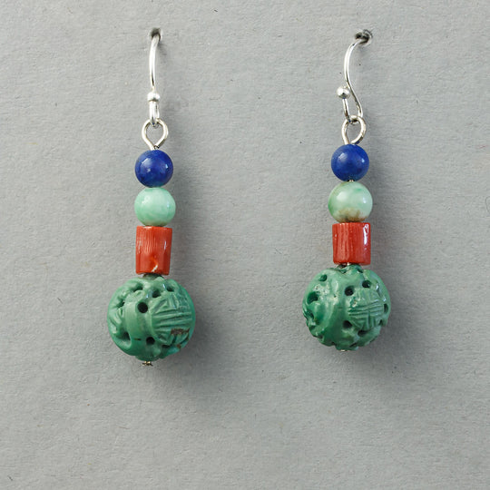 Chinese Turquoise Shou bead with coral, jade and lapis earrings. Sterling silver earwires. j-ergm006