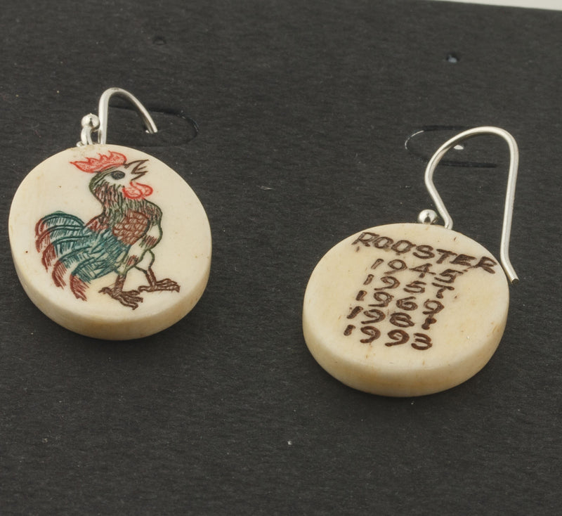 Vintage etched and painted polychrome bone Rooster dangle earrings.  eriv919