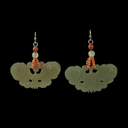 Vintage Nephrite Jade carved moth earrings with antique Chinese coral beads. erja835