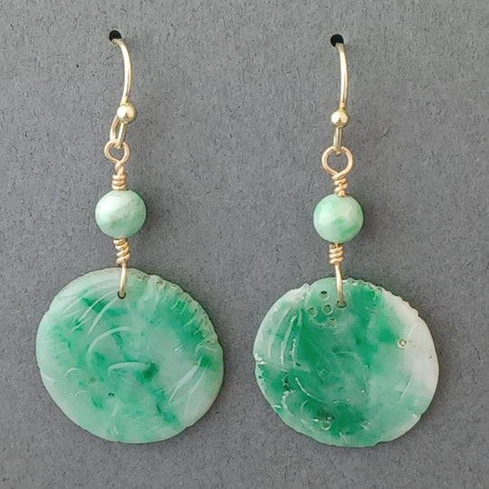 Antique Chinese  carved green Jade ornament earrings. c. 1900. erja892