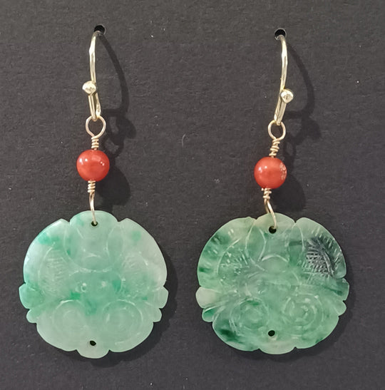 Antique Chinese green jadeite ornament earrings. c. 1900- erja895