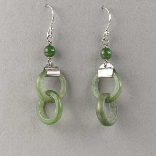 Vintage Drop Earrings, natural nephrite jade interlocking rings. Chinese import 1970s.  J-ERJA906