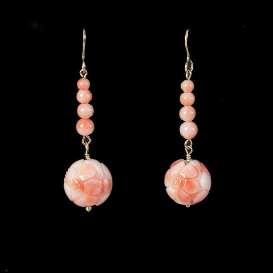 Dangle earrings of vintage pink and white angelskin carved coral flower beads. j-erja916