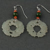 Vintage Chinese hand carved an pierced nephrite jade disks with green Taiwan jade and coral bead earrings. erja918