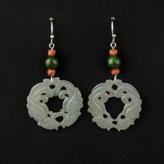 Vintage Chinese hand carved an pierced nephrite jade disks with green Taiwan jade and coral bead earrings. erja918