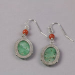 Carved and pierced old Chinese jadeite and red coral earrings.  erja920
