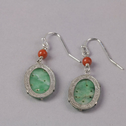 Carved and pierced old Chinese jadeite and red coral earrings.  erja920