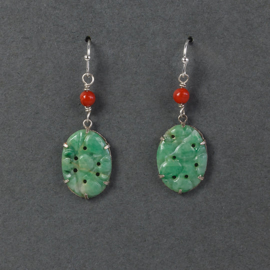 Carved and pierced old Chinese jadeite and red coral earrings.  erja920