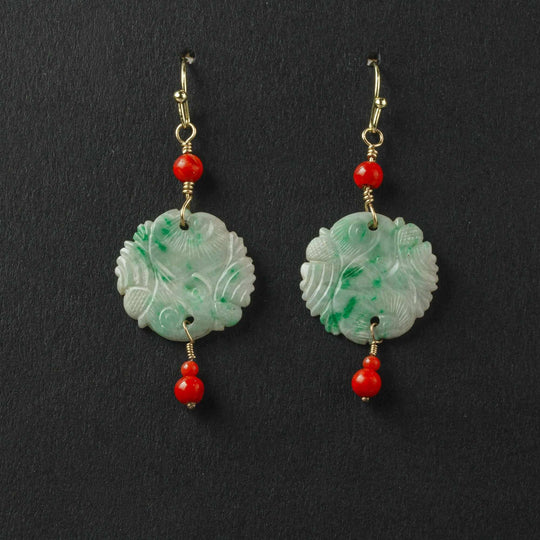 Antique Chinese ornamental jadite disk earrings with red precious coral beads. erja923