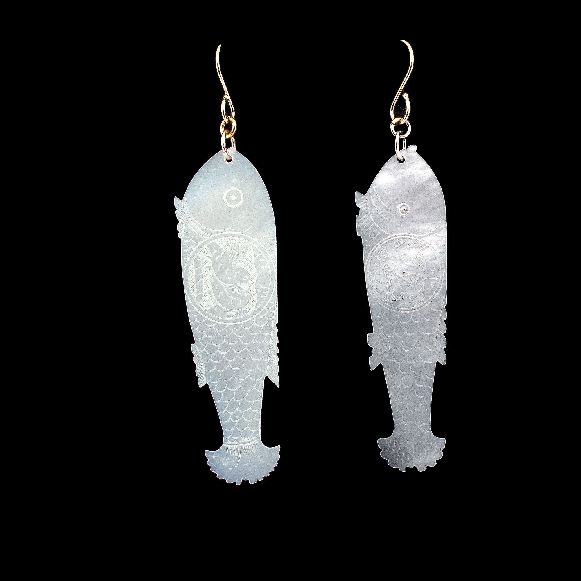 antique mother of pearl fishing lures Chinese mother of pearl gaming counter earrings,fish shaped. eror497 – Earthly Adornments