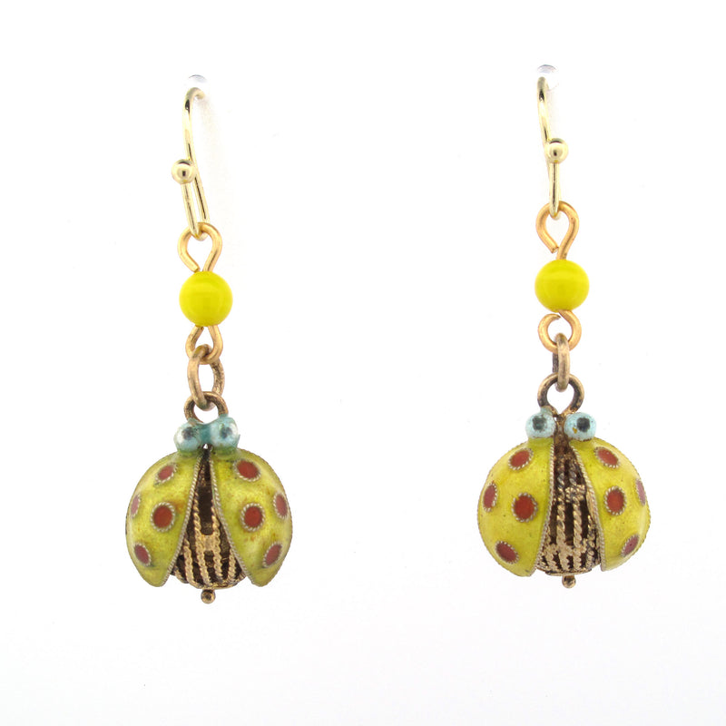 Ladybug, Yellow & Red Dangle Earrings/Locket, enameled silver vermeil. j-eror499d