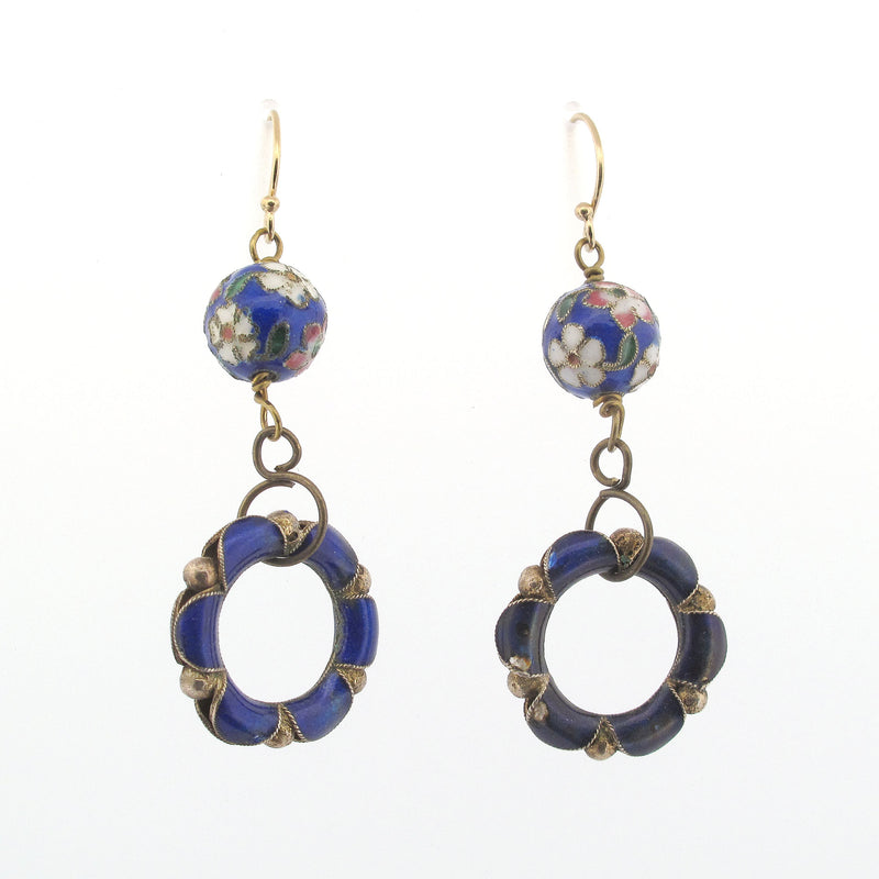 Blue Floral Enamel Earrings, with ring and cloisonne bead. c. 1970s. j-eror502