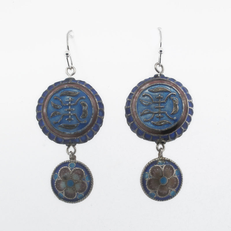 Chinese Cloisonné Floral Enamel disk and Dangle Earrings j-eror504