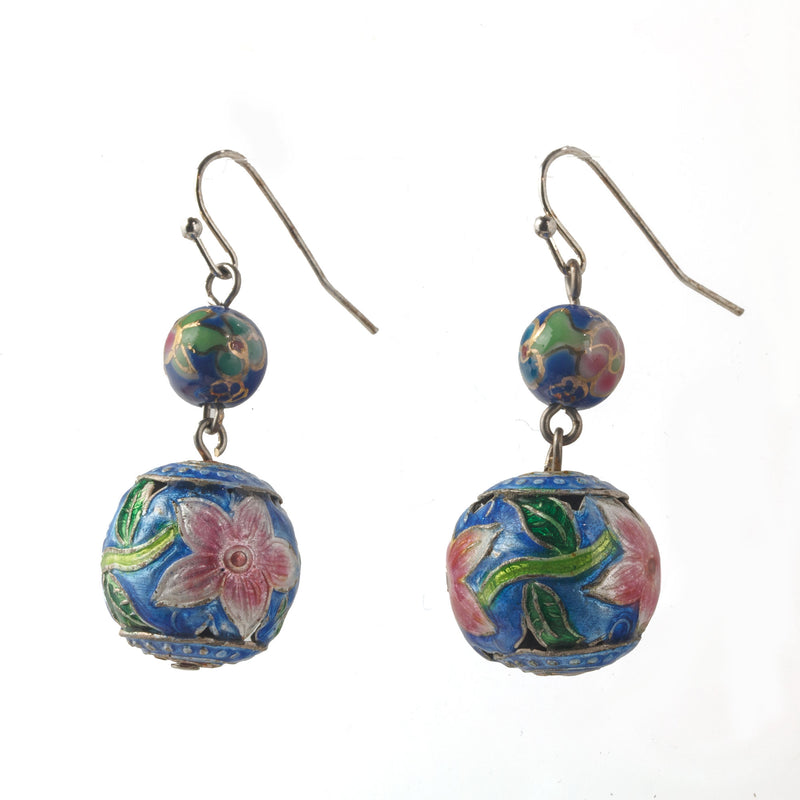 Chinese Enamel Earrings, Pink floral on blue enamel & blue cloisonne bead j-eror507