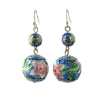 Chinese Enamel Earrings, Pink floral on blue enamel & blue cloisonne bead j-eror507
