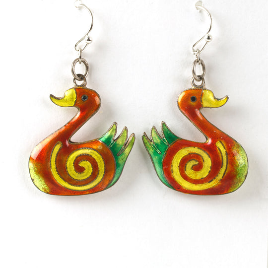 Vintage Whimsical Enamel Duck Earrings with silver plated earwires. j-eror509