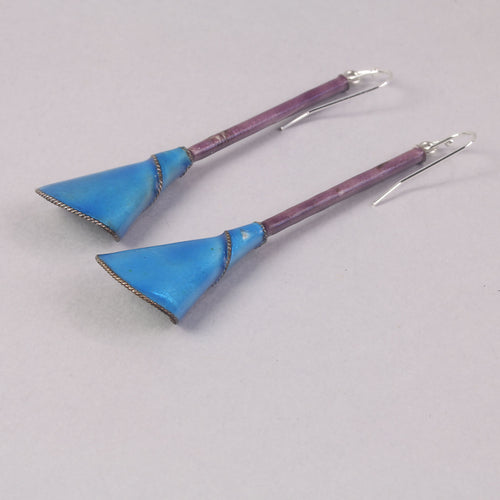 Enamel on copper blue Calla Lily earrings with purple stallk.   j-eror510