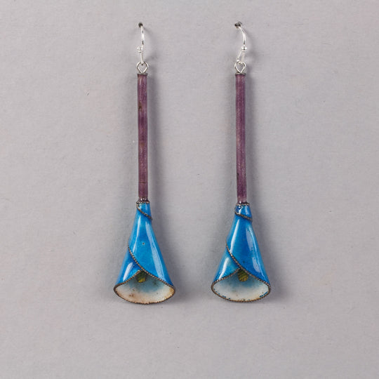 Enamel on copper blue Calla Lily earrings with purple stallk.   j-eror510