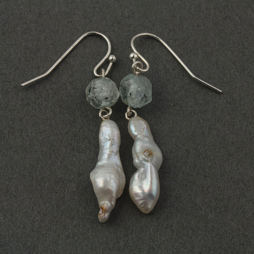 Japanese Lake Biwa freeform baroque pearl and Aquamarine earrings with sterling silver wire. eror513