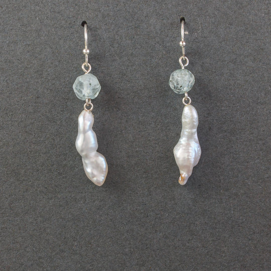 Japanese Lake Biwa freeform baroque pearl and Aquamarine earrings with sterling silver wire. eror513