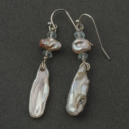 Japanese Lake Biwa freeform baroque pearl and Aquamarine earrings with sterling silver wire. eror514