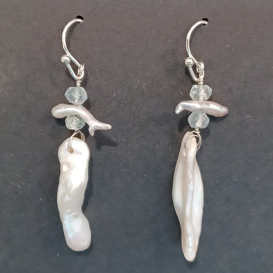Japanese Lake Biwa freeform baroque pearl and Aquamarine earrings with sterling silver wire. eror517