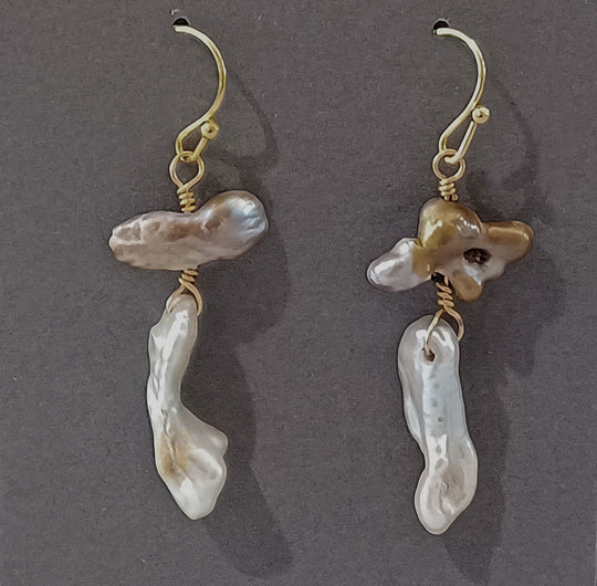 Authentic Japanese Lake Biwa freeform baroque pearl earrings with gold filled wire. eror518