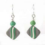 Art Deco Green and White Enamel Earrings, matching green bead.  j-ervn1000